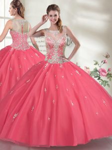 Hot Pink Ball Gowns Beading Quince Ball Gowns Zipper Organza Sleeveless Floor Length