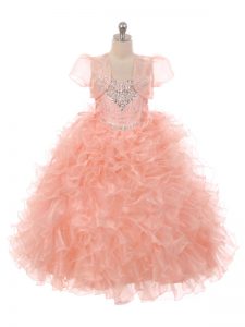 Pretty Sleeveless Lace Up Floor Length Beading and Ruffles Kids Pageant Dress