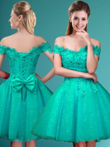 Artistic A-line Vestidos de Damas Turquoise Off The Shoulder Tulle Cap Sleeves Knee Length Lace Up