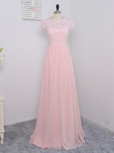 Captivating Floor Length Zipper Dama Dress for Quinceanera Baby Pink for Prom and Party and Wedding Party with Lace