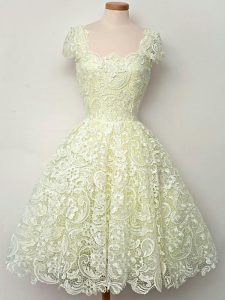 Yellow Straps Neckline Lace Quinceanera Court of Honor Dress Cap Sleeves Lace Up