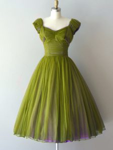 A-line Quinceanera Court of Honor Dress Olive Green V-neck Chiffon Cap Sleeves Knee Length Lace Up