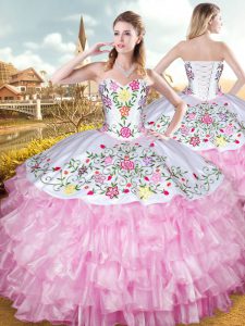 Dramatic Rose Pink Sleeveless Floor Length Embroidery and Ruffled Layers Lace Up Sweet 16 Quinceanera Dress