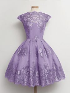 Lavender A-line Lace Scalloped Cap Sleeves Lace Knee Length Lace Up Quinceanera Court of Honor Dress