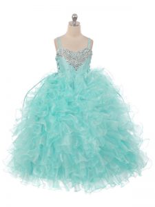 Floor Length Ball Gowns Sleeveless Aqua Blue Winning Pageant Gowns Lace Up