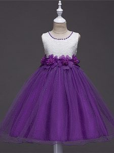 Purple Ball Gowns Tulle Scoop Sleeveless Lace and Hand Made Flower Knee Length Zipper Little Girls Pageant Dress