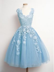 Light Blue Lace Up Quinceanera Court Dresses Appliques Sleeveless Knee Length