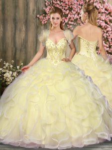 Dazzling Tulle Sweetheart Sleeveless Lace Up Beading and Ruffles Sweet 16 Dress in Light Yellow