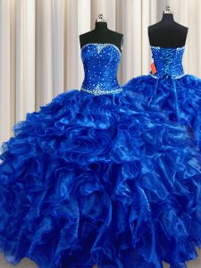 Fashion Royal Blue Organza Lace Up Strapless Sleeveless Floor Length Vestidos de Quinceanera Beading and Ruffles