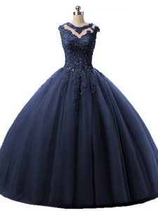 Super Navy Blue Sweet 16 Dress Military Ball and Sweet 16 and Quinceanera with Beading and Lace Scoop Sleeveless Lace Up