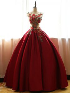 Sleeveless Taffeta Floor Length Lace Up 15 Quinceanera Dress in Wine Red with Appliques