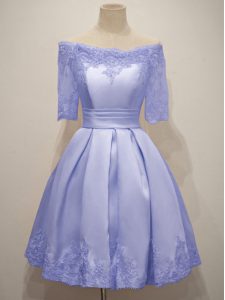 Lavender A-line Lace Quinceanera Court of Honor Dress Lace Up Taffeta Half Sleeves Knee Length