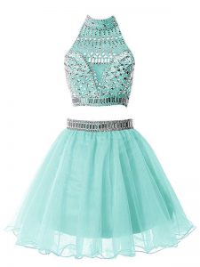 Glorious High-neck Sleeveless Dama Dress Knee Length Beading Light Blue Organza