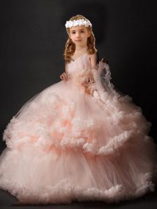 Tulle V-neck Sleeveless Brush Train Criss Cross Hand Made Flower Little Girl Pageant Dress in Pink