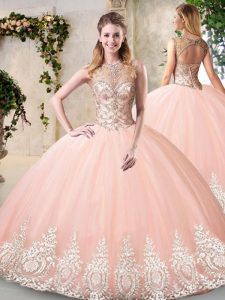 Custom Design Floor Length Backless Quince Ball Gowns Peach for Prom and Party and Military Ball and Sweet 16 and Quinceanera with Beading and Appliques