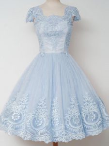 Knee Length Light Blue Vestidos de Damas Square Cap Sleeves Zipper