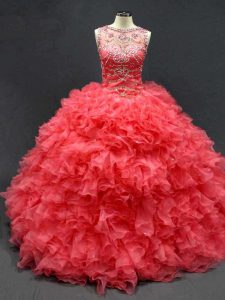 Popular Ball Gowns Quinceanera Dresses Coral Red Scoop Organza Sleeveless Floor Length Lace Up