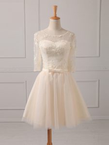 Latest Champagne Tulle Lace Up Scoop Half Sleeves Mini Length Quinceanera Court Dresses Lace and Belt