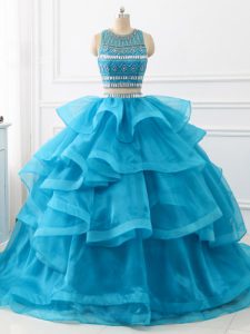 Backless Ball Gown Prom Dress Baby Blue for Military Ball and Sweet 16 and Quinceanera with Beading and Ruffles Brush Train