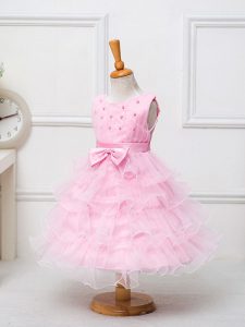 Organza Sleeveless Tea Length Kids Formal Wear and Ruffled Layers and Bowknot