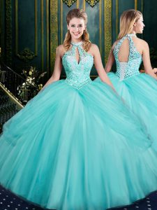 Dazzling Floor Length Aqua Blue Vestidos de Quinceanera Tulle Sleeveless Beading and Pick Ups