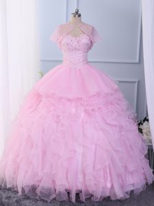 Chic Sweetheart Sleeveless Lace Up Quince Ball Gowns Pink Organza