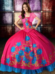 Taffeta Strapless Sleeveless Lace Up Embroidery 15 Quinceanera Dress in Hot Pink