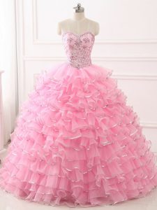 Baby Pink Ball Gowns Beading and Ruffled Layers Sweet 16 Quinceanera Dress Lace Up Organza Sleeveless