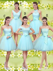 Hot Selling Aqua Blue A-line Sweetheart Sleeveless Tulle Knee Length Lace Up Lace and Belt Quinceanera Court Dresses