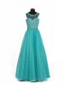 Hot Selling Floor Length Lace Up Little Girls Pageant Gowns Teal for Wedding Party with Beading