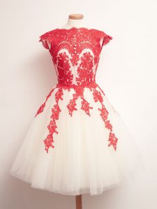 Shining Scalloped Sleeveless Lace Up Dama Dress for Quinceanera White And Red Tulle