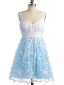 Trendy Knee Length Lace Up Quinceanera Dama Dress Light Blue for Prom and Party and Wedding Party with Lace