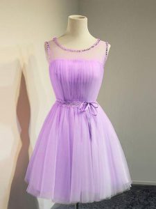 Fitting Empire Quinceanera Dama Dress Lavender Scoop Tulle Sleeveless Knee Length Lace Up