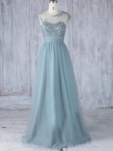 Comfortable Tulle Scoop Cap Sleeves Zipper Appliques Court Dresses for Sweet 16 in Grey