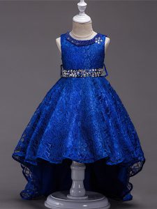 Fashionable High Low Royal Blue Pageant Gowns For Girls Scoop Sleeveless Lace Up