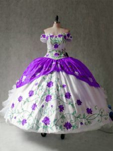 Floor Length White And Purple Quince Ball Gowns Organza and Taffeta Cap Sleeves Embroidery and Ruffles