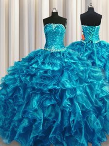 Flirting Strapless Sleeveless Quinceanera Gowns Floor Length Beading and Ruffles Teal Organza