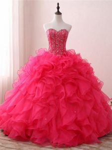 Hot Pink Ball Gowns Beading and Ruffles Quinceanera Gowns Lace Up Organza Sleeveless Floor Length