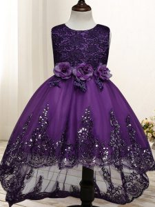 Graceful High Low Zipper Girls Pageant Dresses Dark Purple for Wedding Party with Lace and Appliques and Bowknot and Hand Made Flower