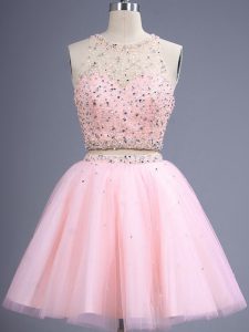 Best Beading Dama Dress for Quinceanera Baby Pink Lace Up Sleeveless Knee Length