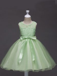 Fantastic Yellow Green Tulle Zipper Pageant Gowns For Girls Sleeveless Knee Length Lace and Belt