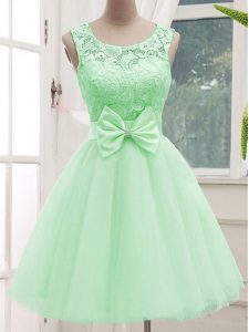 Exquisite Apple Green A-line Scoop Sleeveless Tulle Knee Length Lace Up Lace and Bowknot Quinceanera Dama Dress