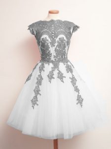 Lovely White A-line Appliques Dama Dress for Quinceanera Lace Up Tulle Sleeveless Mini Length