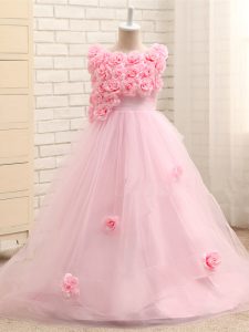 Admirable Sleeveless Hand Made Flower Zipper Kids Pageant Dress with Baby Pink Brush Train