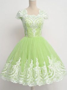 Classical Cap Sleeves Zipper Knee Length Lace Dama Dress for Quinceanera