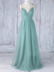 Fantastic Sleeveless Floor Length Appliques Criss Cross Quinceanera Court Dresses with Green