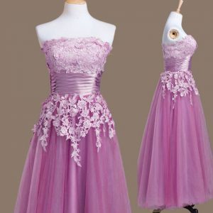 Sleeveless Tea Length Appliques Lace Up Dama Dress for Quinceanera with Lilac