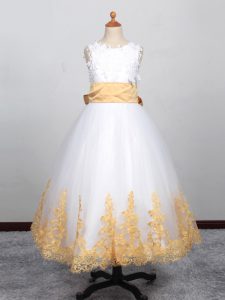 White Lace Up Scoop Appliques Little Girls Pageant Gowns Tulle Sleeveless