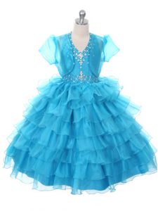 Halter Top Sleeveless Little Girl Pageant Dress Floor Length Beading and Ruffled Layers and Bowknot Baby Blue Organza