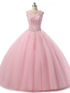 Fashionable Ball Gowns Quince Ball Gowns Baby Pink Scoop Tulle Sleeveless Floor Length Lace Up